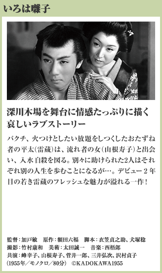 いろは囃子 深川木場を舞台に情感たっぷりに描く 哀しいラブストーリー バクチ、火つけとしたい放題をしつくしたおたずね者の平太（雷蔵）は、流れ者の女（山根寿子）と出会い、入水自殺を図る。別々に助けられた2人はそれぞれ別の人生を歩むことになるが…。デビュー2年目の若き雷蔵のフレッシュな魅力が溢れる一作！（1955年／モノクロ／80分）