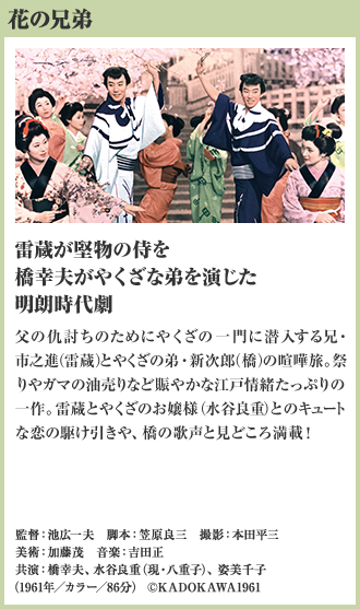 花の兄弟 雷蔵が堅物の侍を橋幸夫がやくざな弟を演じた明朗時代劇 父の仇討ちのためにやくざの一門に潜入する兄・市之進（雷蔵）とやくざの弟・新次郎（橋）の喧嘩旅。祭りやガマの油売りなど賑やかな江戸情緒たっぷりの一作。雷蔵とやくざのお嬢様（水谷良重）とのキュートな恋の駆け引きや、橋の歌声と見どころ満載！（1961年／カラー／86分）
